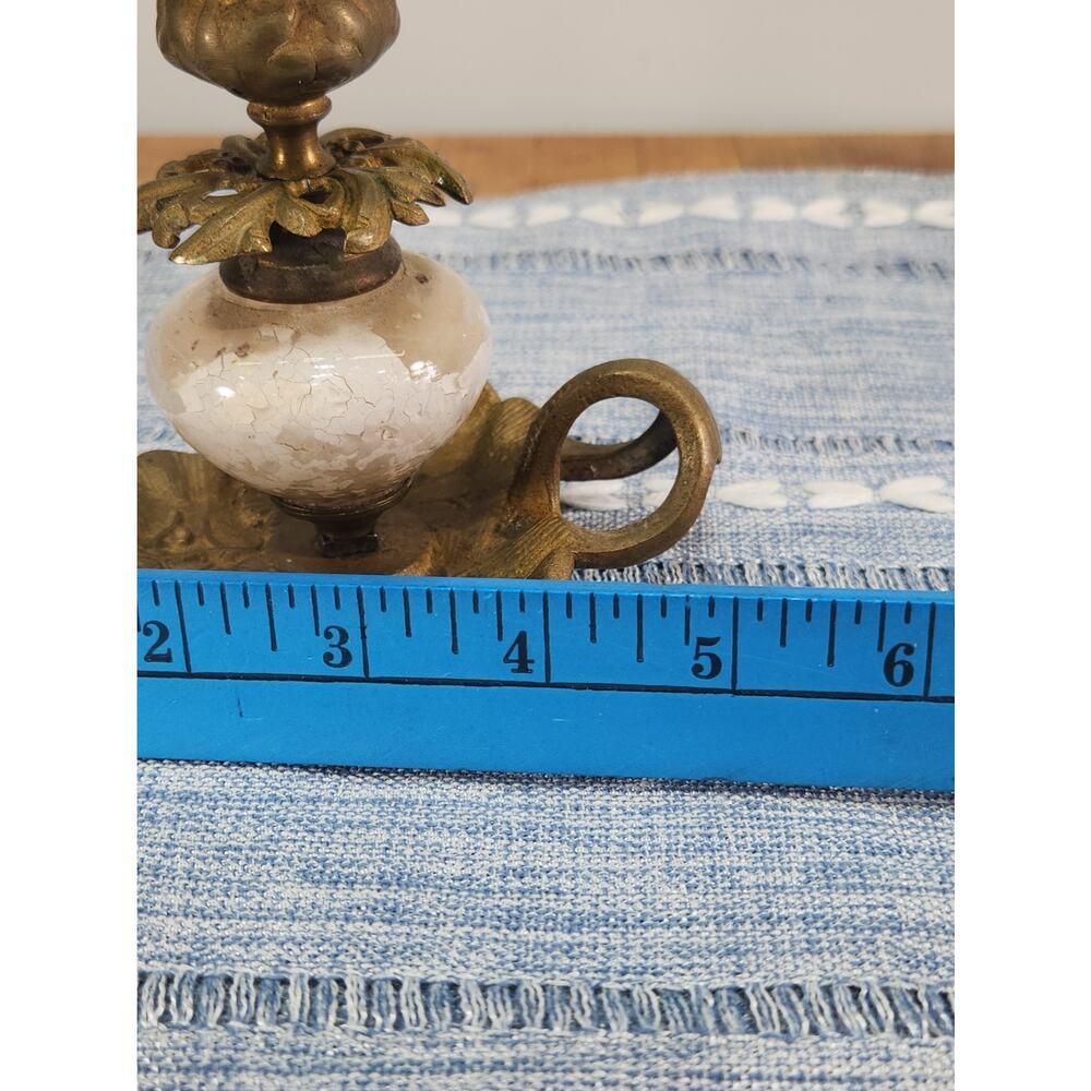 Vintage Brass White Crackle Glass Chamberstick Candle Holder Ornate 5" - Picture 8 of 8
